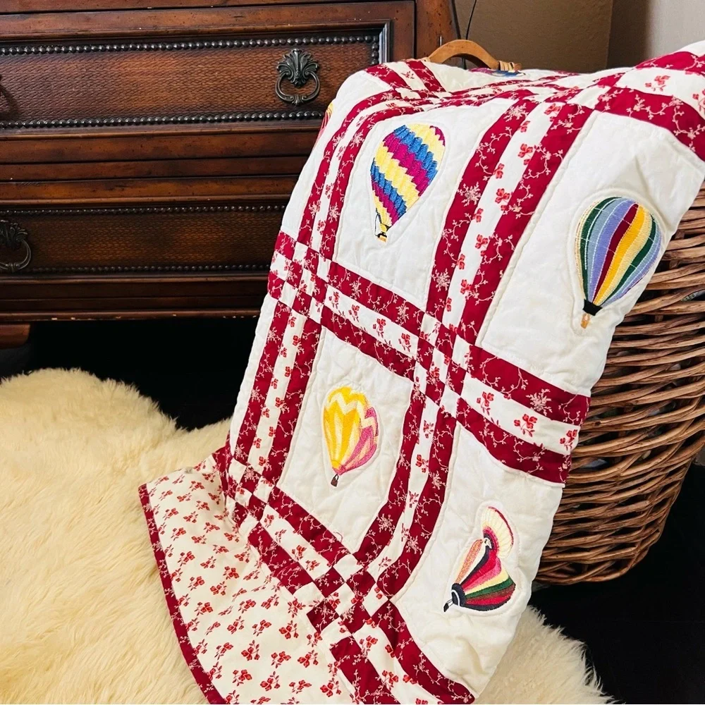 Bespoke Handmade Embroidered Hot Air Balloon Cotton Wall-Hanging Quilt.